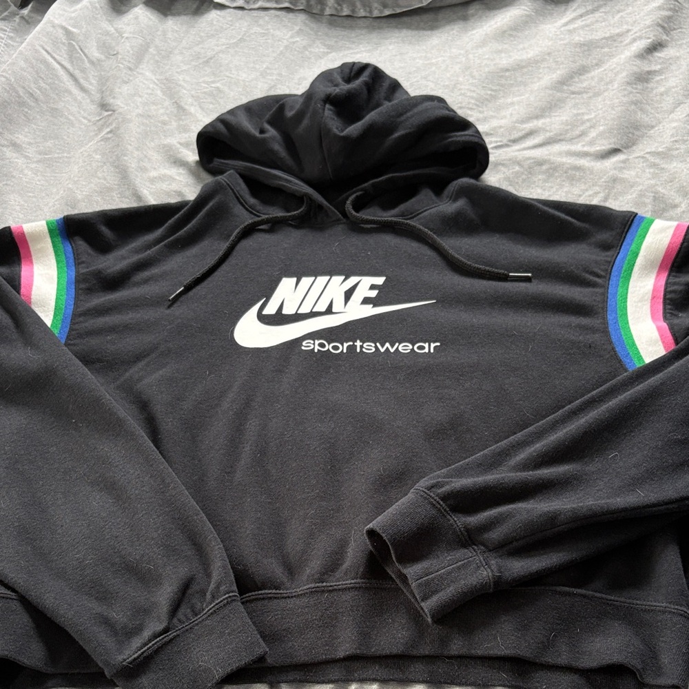 Nike women’s heritage cropped Black Hoodie with Colorful Stripes
